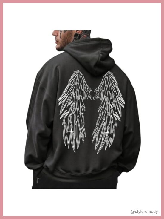 Other - Mens Graphic Hoodie Angel Wings Back Print Streetwear Vintage Pullover Y2K